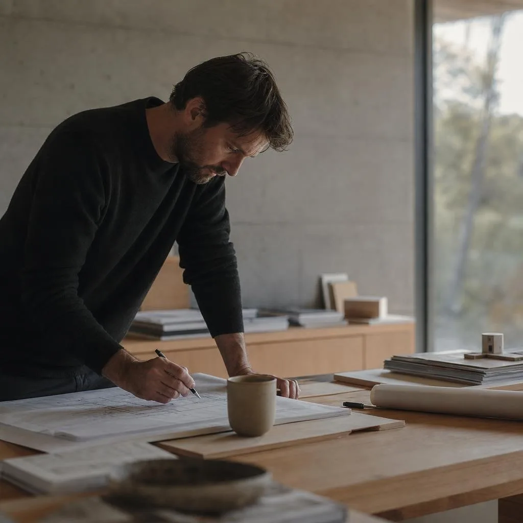 Quiet studio corner with rolled drawings and a model