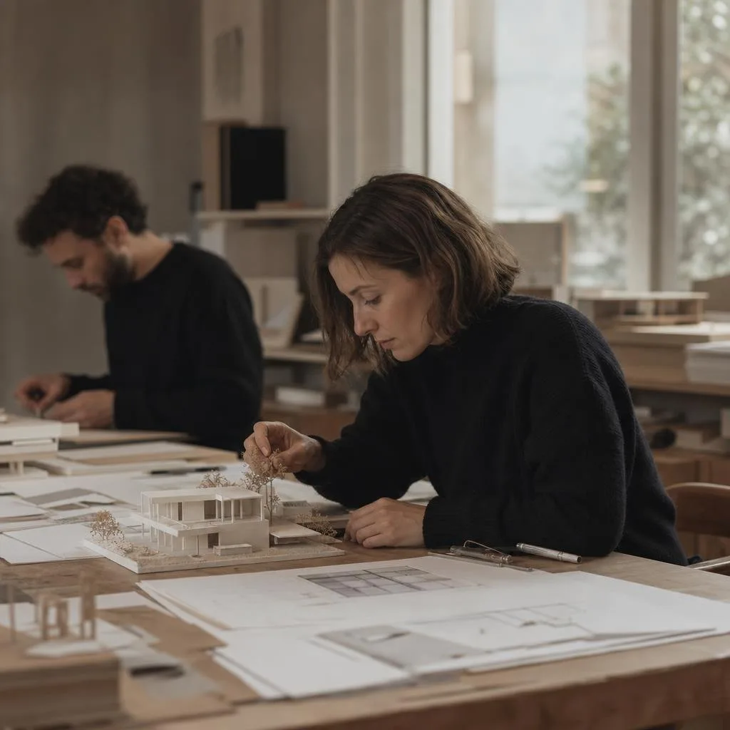 Architect's desk with physical models and hand drawings